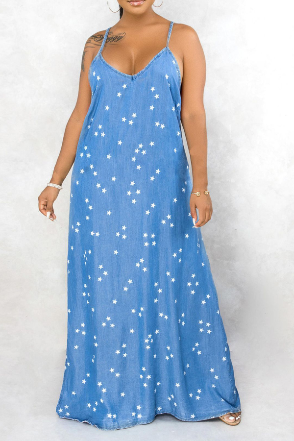 Blue Sexy Print Patchwork Spaghetti Strap Straight Dresses