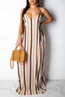 Stripe Casual Off The Shoulder Sleeveless Slip Swagger Floor-Length Print Patchwork