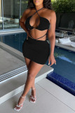 Red Fashion Sexy Solid Hollowed Out Backless Strap Design Halter Sleeveless Two Pieces