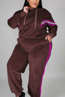 Coffee Casual Solid Hooded Collar Plus Size 