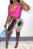 Pink Sexy Print Bandage Halter Sleeveless Two Pieces