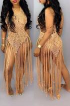 Khaki Sexy Solid Tassel Hollowed Out Swimwears