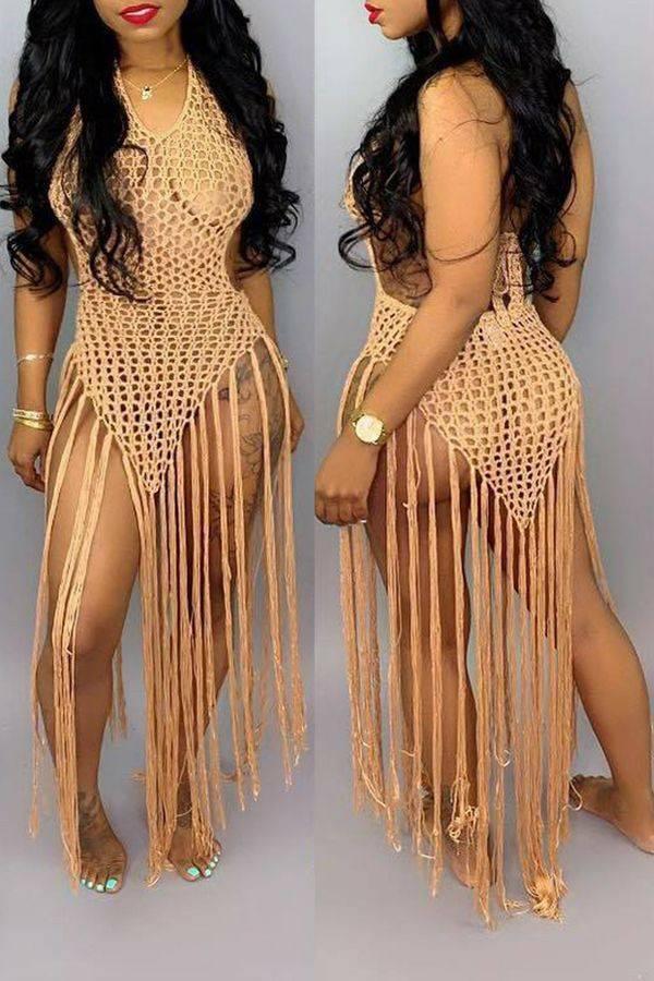 Khaki Sexy Solid Tassel Hollowed Out Swimwears