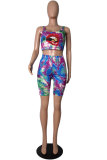 Blue Fashion Casual adult Patchwork Print Tie Dye Burn-out Two Piece Suits Lips Print pencil Sleeveless Two Pieces