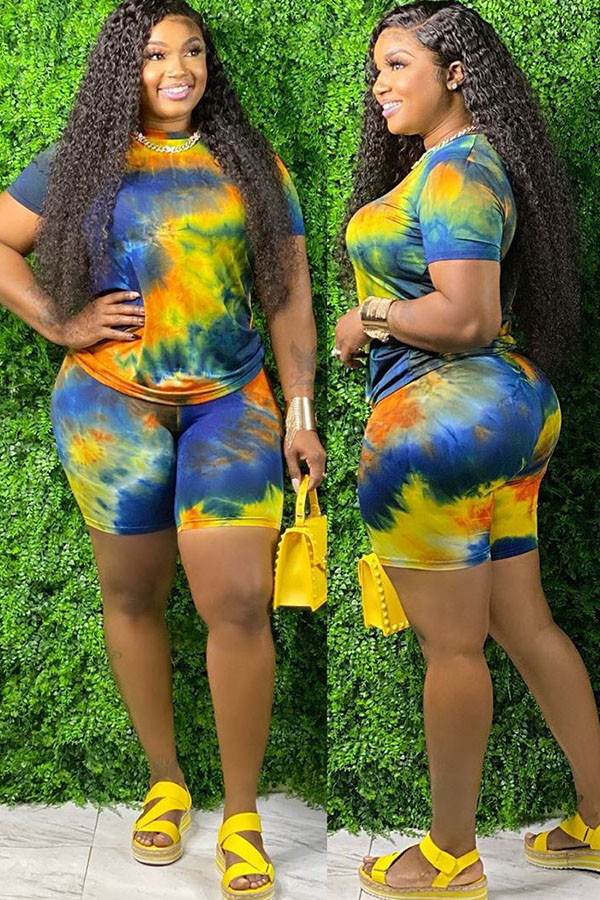 Blue Fashion Sexy adult Ma'am Tie Dye Two Piece Suits Straight Short Sleeve Two Pieces