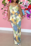 Multicolor Sexy Print Patchwork Spaghetti Strap Straight Jumpsuits