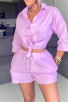 Purple Fashion Casual Solid Bandage Turtleneck Three Quarter Two Pieces