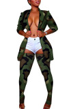 Green Notched Patchwork Camouflage Print Button Acetyl fiber Print Long Sleeve 