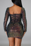 Brown Sexy Street Print Embroidered Sequins Backless V Neck Pencil Skirt Dresses