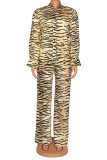 Leopard Print Casual Leopard Patchwork Turndown Collar Plus Size Two Pieces