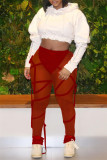 Red Fashion Sexy Solid Draw String See-through Regular Mid Waist Trousers