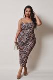 Brown Fashion Sexy adult Slip Leopard Patchwork Print Stitching Plus Size