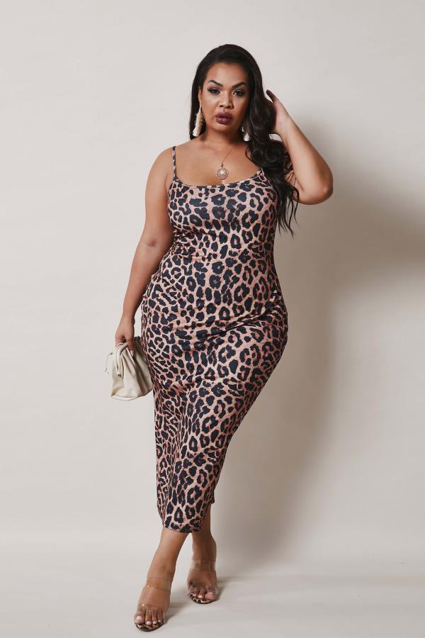 Brown Fashion Sexy adult Slip Leopard Patchwork Print Stitching Plus Size