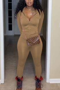 Dark Brown Fashion Sexy Solid Zipper Collar Long Sleeve Regular Sleeve Regular Two Pieces