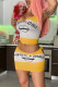 Yellow Fashion Sexy Letter Print Hollowed Out V Neck Sleeveless Two Pieces
