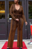 Silver Sexy Solid Patch V Neck Regular Jumpsuits