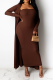 Coffee Casual Solid Patchwork Strapless Long Sleeve Two Pieces