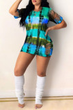 Red Fashion Casual Print Tie Dye Ripped O Neck Short Sleeve Dress