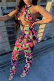 Purple Green Fashion Sexy Print Backless Halter Sleeveless Two Pieces