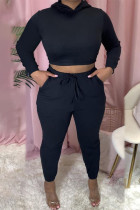 Black Sexy Solid Hollowed Out Hooded Collar Long Sleeve Regular Sleeve Two Pieces