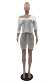 White Fashion Casual Solid Basic V Neck Half Sleeve Two Pieces