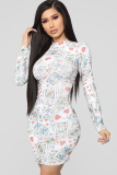 Grey Fashion Sexy Cap Sleeve Long Sleeves O neck Step Skirt Knee-Length Patchwork Print 