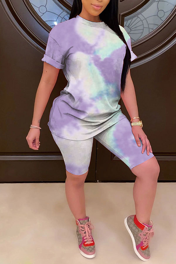 Light Purple Fashion Casual adult Patchwork Print Tie Dye Gradient Two Piece Suits pencil Short Sleeve Two Pieces