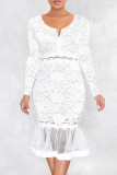 White Sexy Solid Hollowed Out V Neck Cake Skirt Dresses