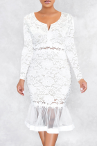 White Sexy Solid Hollowed Out V Neck Cake Skirt Dresses