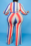 Red Casual Striped Patchwork V Neck Plus Size Jumpsuits
