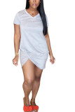 Grey Fashion adult Ma'am Street Red Black Grey Pink Turquoise Yellow Cap Sleeve Short Sleeves V Neck Asymmetrical skirt Solid Draped asymmetrical Dresses