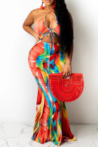 Multicolor Fashion Sexy Print Bandage Hollowed Out Backless Halter Long Dress