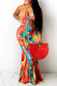 Multicolor Fashion Sexy Print Bandage Hollowed Out Backless Halter Long Dress