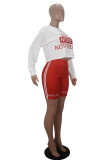 Red Casual Letter Print Solid Straight Long Sleeve Two Pieces