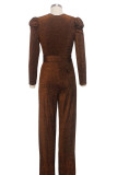 Silver Sexy Solid Patch With Belt V Neck Regular Jumpsuits