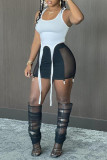 Blue Sexy Solid Patchwork See-through U Neck Sleeveless Two Pieces