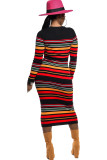 Red Casual Cap Sleeve Long Sleeves O neck Lantern skirt Mid-Calf Print Striped