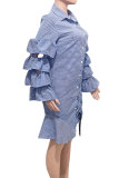 Red Fashion Long Sleeves Turndown Collar Asymmetrical Knee-Length ruffle hollow out Striped 