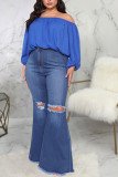 Dark Blue Sexy Solid Ripped Plus Size Jeans