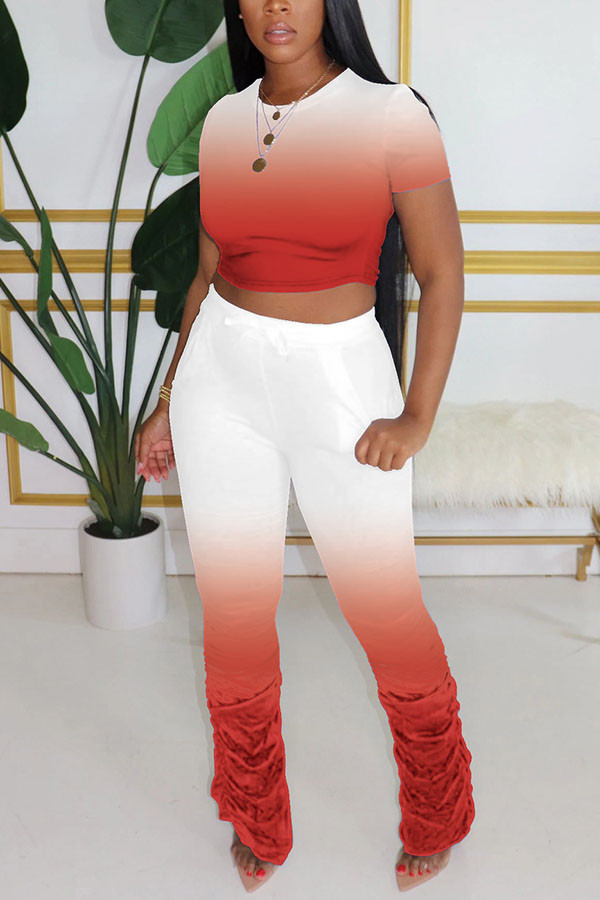 Red Fashion Sexy adult Ma'am Solid Gradient Two Piece Suits pencil Short Sleeve Two Pieces