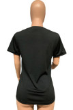 Black White Black One word collar Short Sleeve Letter Print Tops