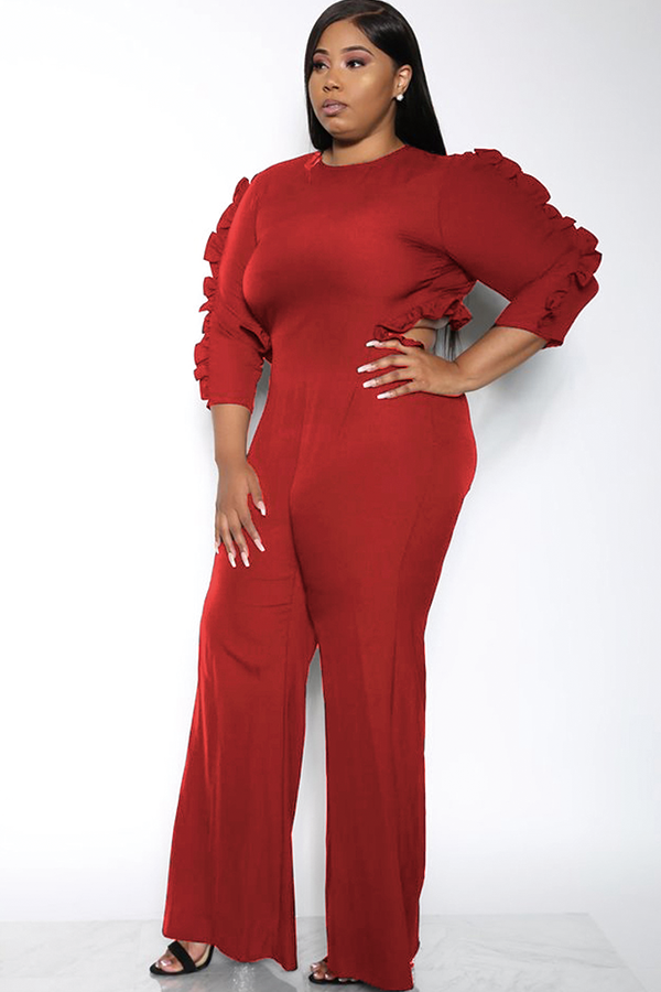 Wine Red Fashion Long Sleeve O Neck Jumpsuits