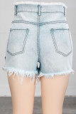 Light Blue Denim Zipper Fly Mid washing Old Zippered Straight shorts Bottoms