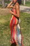 rose red Sexy Print Tie-dye Backless Strapless Pencil Skirt Dresses