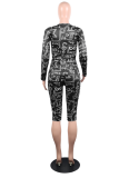 Black Casual Print Letter O Neck Long Sleeve Two Pieces