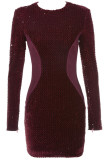 Wine Red Sexy Cap Sleeve Long Sleeves O neck Step Skirt skirt Sequin Solid Club Dresses