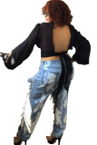 Light Blue Denim Button Fly Zipper Fly High Zippered Pocket washing Hole Straight Pants 