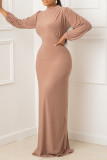 Red Bean Powder Fashion Casual Solid Basic O Neck Long Sleeve Dresses