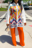 White Fashion Casual Print Asymmetrical Long Sleeve Shirt Dress