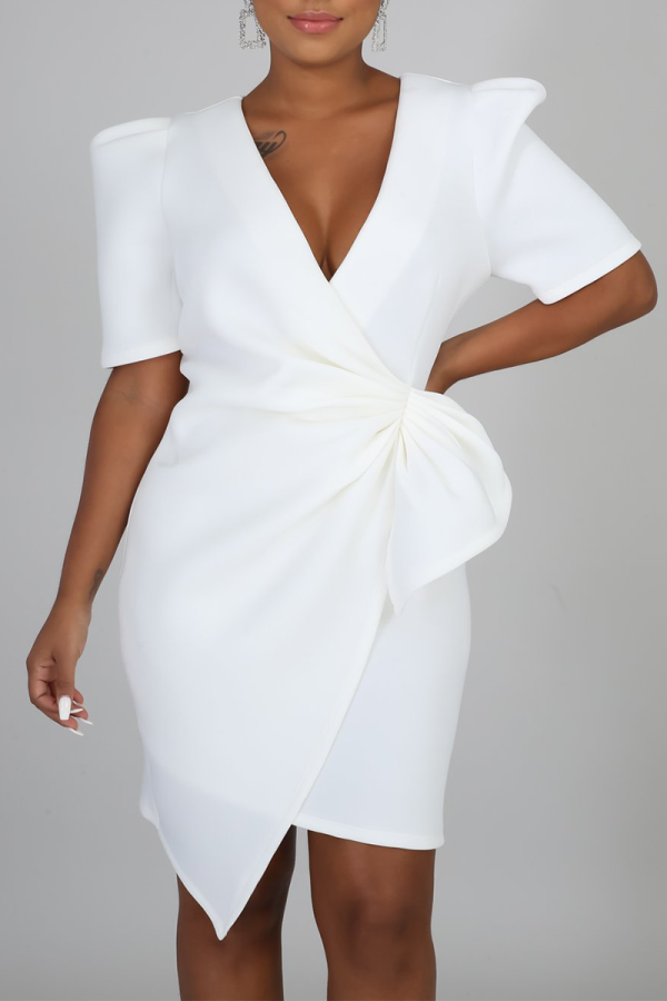 White Casual Solid Patchwork V Neck Irregular Dress Dresses